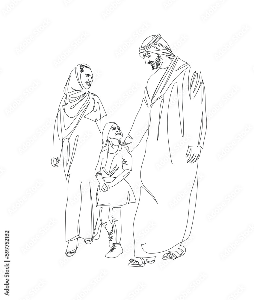 Saudi Family One Line illustration Art.