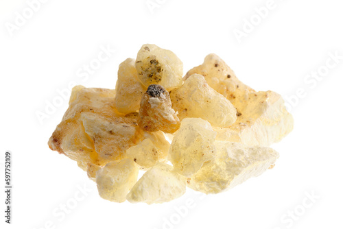 Pile of copal blanco (Bursera bipinnata), a tree resin from Mexico, isolated on white background photo
