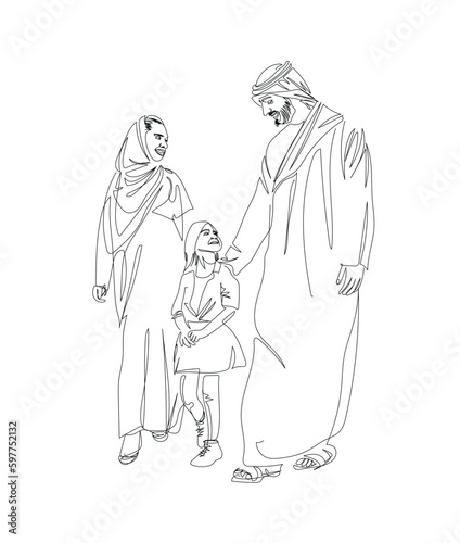Saudi Family One Line illustration Art.
