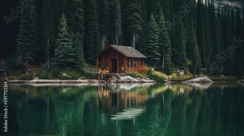 Peaceful Lake Cabin, Captured Moment Aesthetic, Rich Emerald and Earthy Brown Hues, Calming Hideaway, Stock Photography. Generative ai illustration