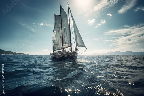 Snow-white beautiful sailboat in the open sea. Cruise. Sunny clear weather. Generative AI