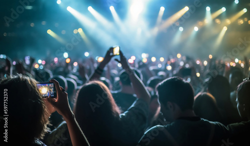 A crowd of people at a live concert with smartphones. Spotlights illuminate the fans. ai generative.