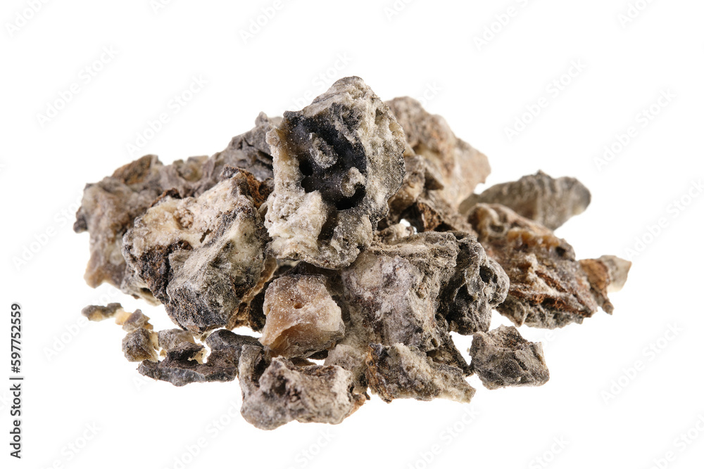 Pile of saumerio, a black copal tree resin from Peru, isolated on white background Pile of saumerio, a black copal tree resin from Peru, isolated on white background