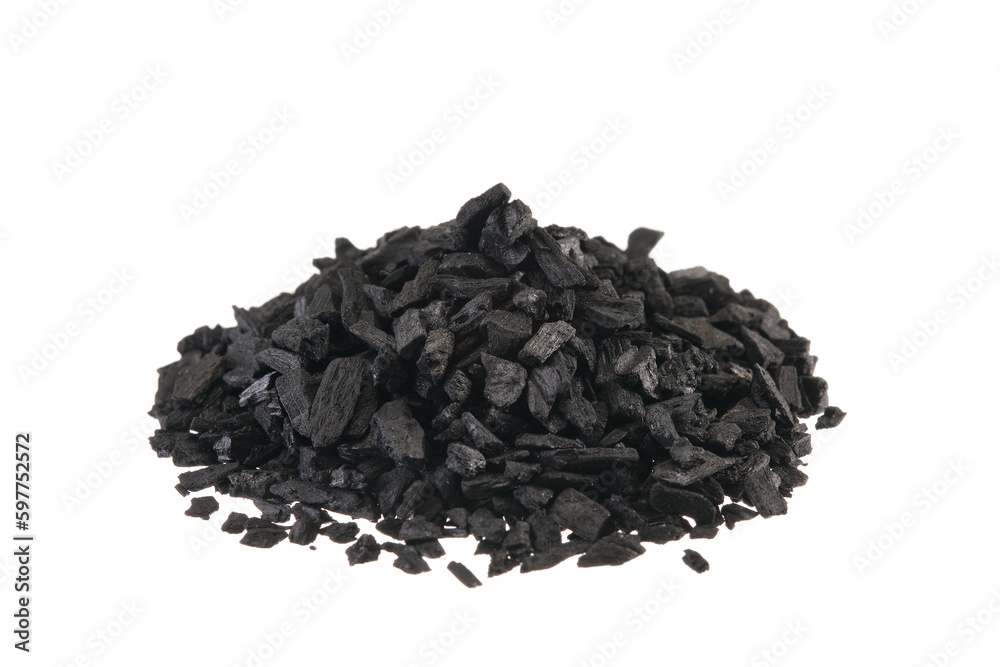 Pile of charcoal soaked with styrax balm (benzoin resin), isolated on white background Pile of charcoal soaked with styrax balm (benzoin resin), isolated on white background
