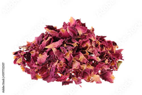Pile of dried red rose petals (Rosa damascena), isolated on white background