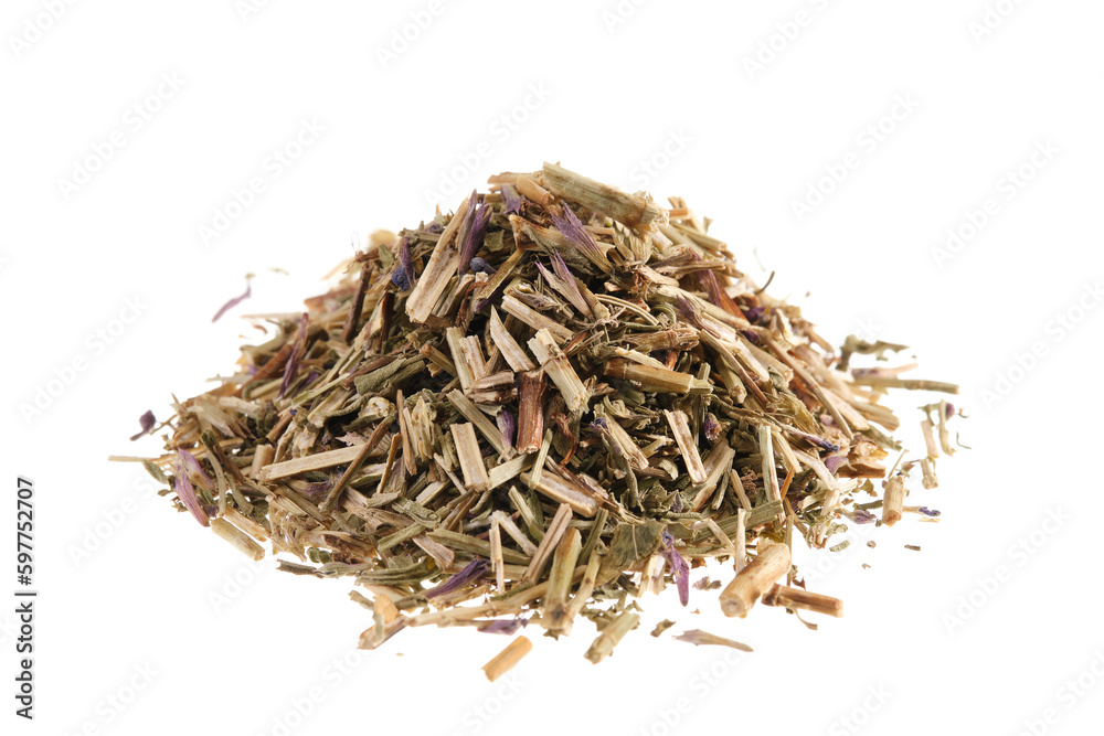 Pile of dried ysop leaves, stalks and blossoms (Hyssopus officinalis), isolated on white background Pile of dried ysop leaves, stalks and blossoms (Hyssopus officinalis), isolated on white background