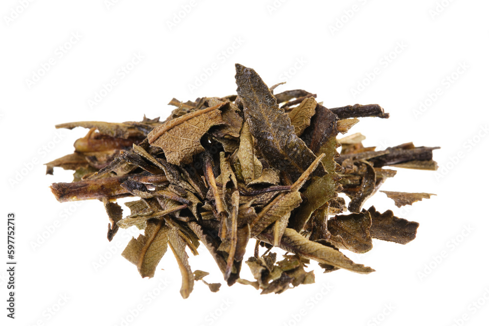 Obraz premium PIle of dried yerba santa leaves (Eriodictyon), also known as sacred herb, isolated on white background