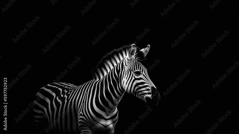 Fototapeta premium Minimalist Zebra Photography, Graceful Black and White Animal Portrait, Striking Contrast, Artful Wildlife Image, Generative AI Illustration