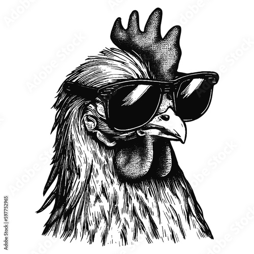 Fotobehang cool chicken wearing sunglasses, hen illustration