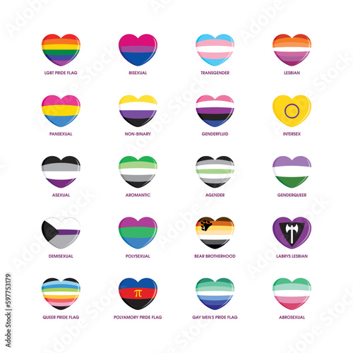 Different pride flag meanings icon set vector. LGBTQIA flag in heart shape collection vector. Pride flags with names design elements. Different types of gender flags isolated on a white background