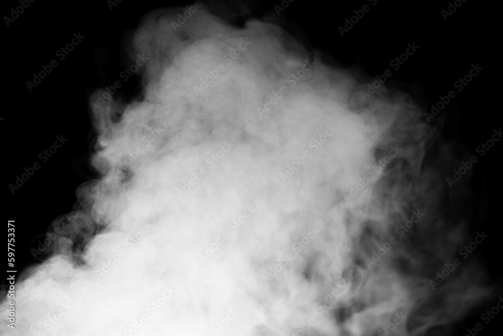 Fragments of abstract white smoke isolated on black background. steam cloud close up