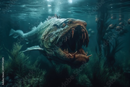 Big monster fish with open mouth and big teeth. Creepy fish living in the depths of the ocean. Monster fish. Fantastic fish. Generative AI