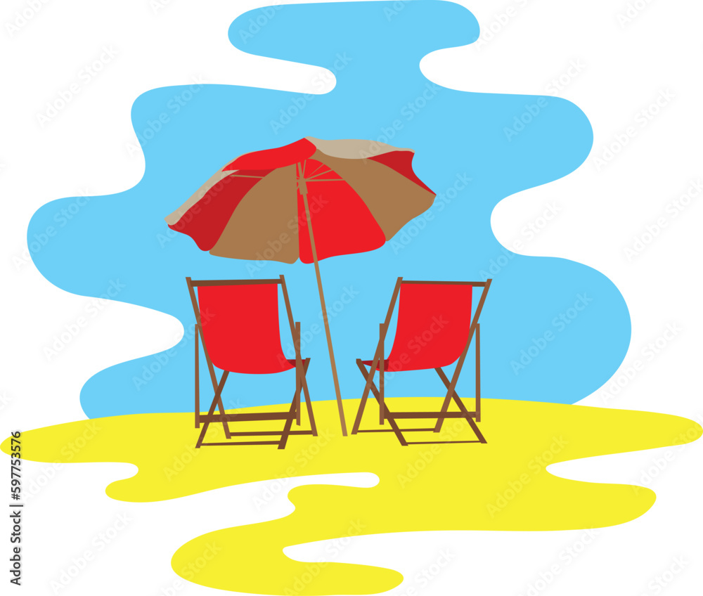 sun lounger under an umbrella on the beach on yellow sand with blue sky