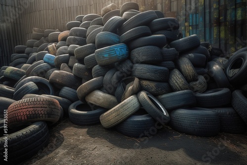 Tire warehouse. Old car tires for recycling. Generative AI