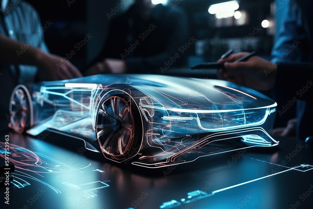 Development of a modern innovative electric vehicle with sustainable standards. People are involved in development. Car design using digital tablet app. Aerodynamic tests. Generative AI