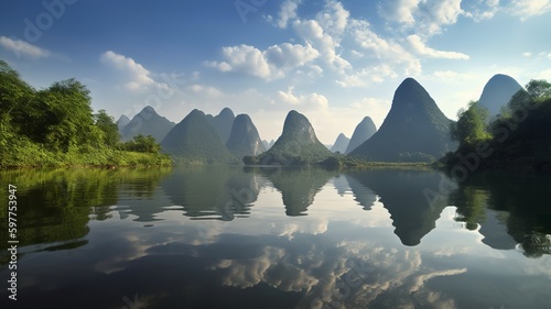 Reflections of Tranquility: Capturing the Serene Beauty of Li River's Karst Limestone Mountains