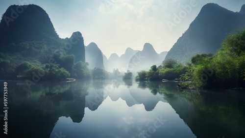 Reflections of Tranquility: Capturing the Serene Beauty of Li River's Karst Limestone Mountains