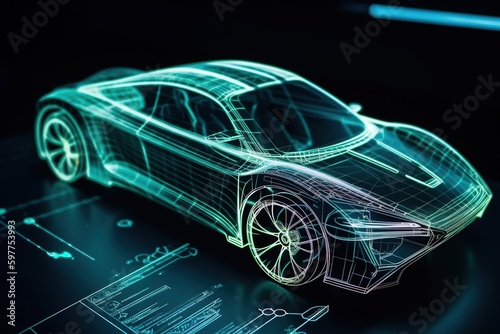 Development of a modern innovative electric vehicle with sustainable standards. Car design using digital tablet app. Aerodynamic tests. Generative AI