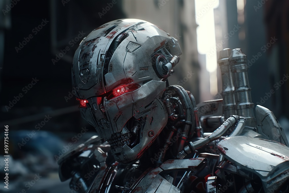 Evil robot with red neon eyes. Chrome robot. Artificial intelligence. Futuristic. Generative AI Evil robot with red neon eyes. Chrome robot. Artificial intelligence. Futuristic. Generative AI
