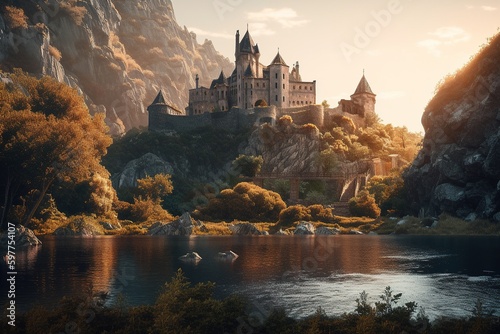 Medieval castle on an island with a river at sunset, fantastic mountain landscape. Generative AI © marikova