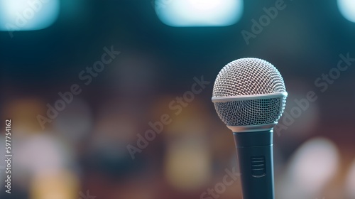Isolated Micorphone at blurred conference environment, Microphone focused against blurred colorful background, business background for speaker or communication banner
