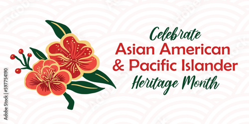 Asian American, Pacific Islander Heritage month vector banner with oriental wave pattern background and asian style peony blossom. AAPI celebration.