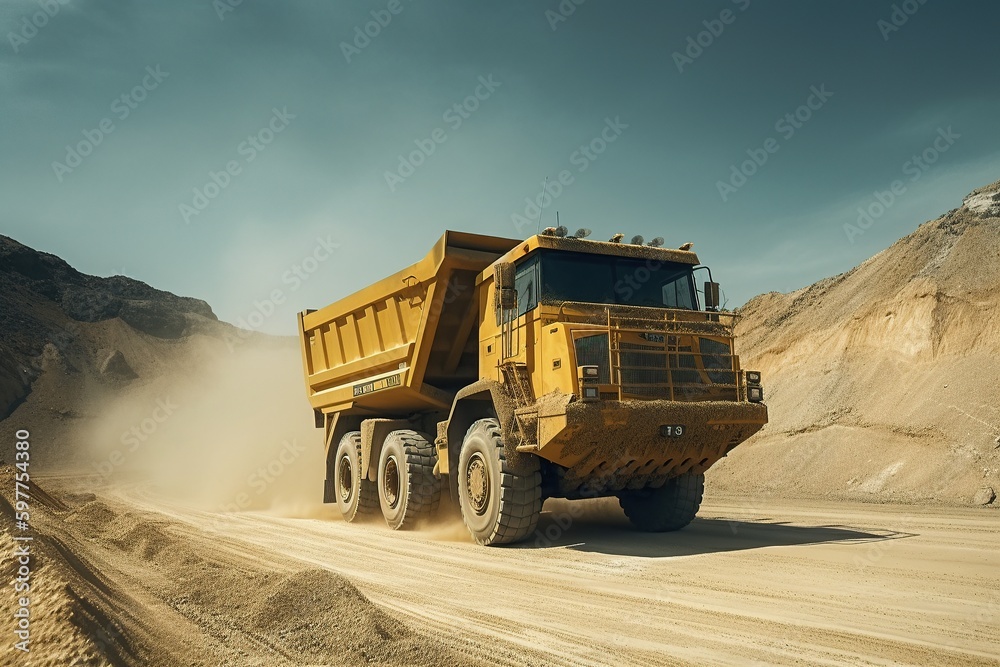 Powerful mining dump truck in sand pits. Big truck in the sand. Generative AI