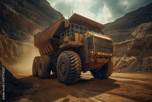 Mining dump truck. Big truck in the sand. Construction. Sandy career. Generative AI