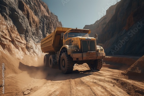 Mining dump truck in retro style. In the sand pits. Big truck in the sand. Generative AI