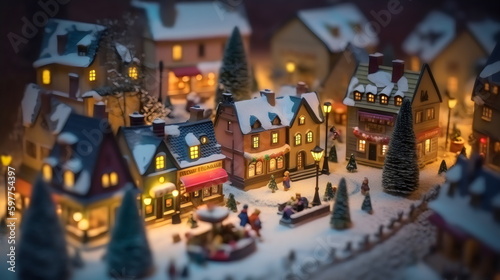miniature christmas village with people walking in snow and warm lights, made with generative ai