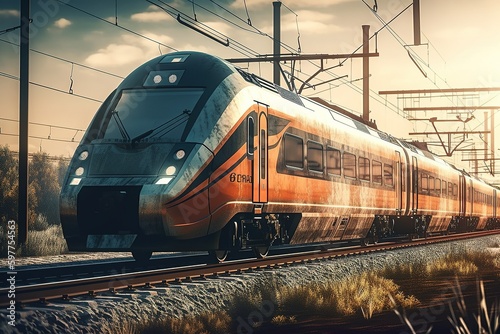 High-speed passenger express train outside the city with natural scenery. High-speed intercity railroad. Futuristic technologies. Generative AI