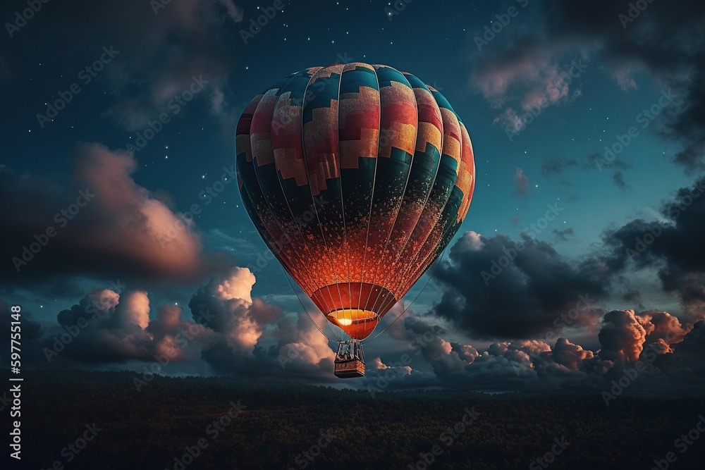 Hot air balloon glowing in the clouds on a blue background of the night ...