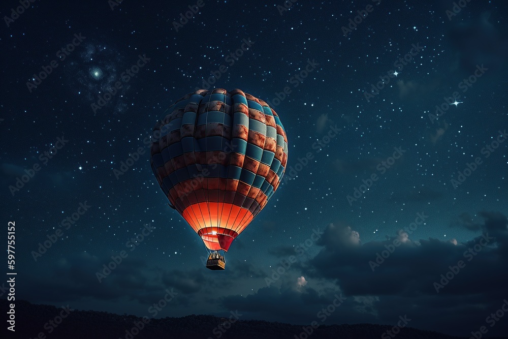 Naklejka premium Hot air balloon in the clouds on a blue background of the night starry sky. Aerostat. Generative AI