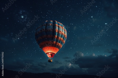 Hot air balloon in the clouds on a blue background of the night starry sky. Aerostat. Generative AI