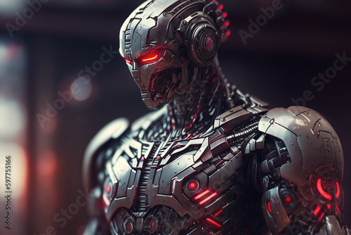 Cyberpunk robot in chrome armor with red eyes in neon. Futuristic. Artificial Intelligence. Generative AI