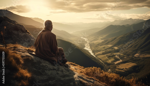 meditating on mountain with morning light  beautiful mindset healthy life yoga concept  fitness monk in nature