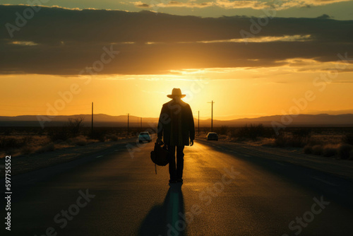 Man walking on a deserted road as the sun sets. - Generative AI