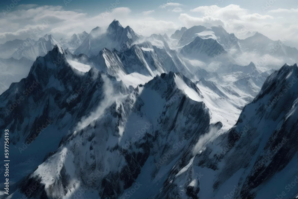 Majestic mountain range covered in snow. - Generative AI
