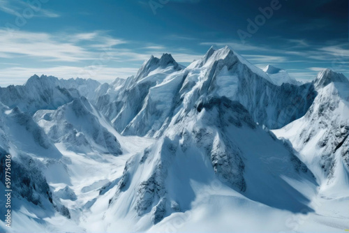 A snow-covered mountain range with a clear blue sky. - Generative AI