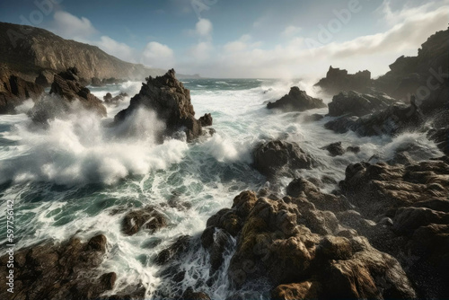 A dramatic and rugged coastline with crashing waves and rocky cliffs. - Generative AI © Michael Böhm