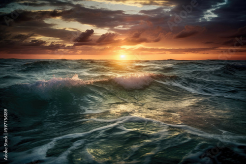 Colorful sunset over calm ocean. - Generative AI