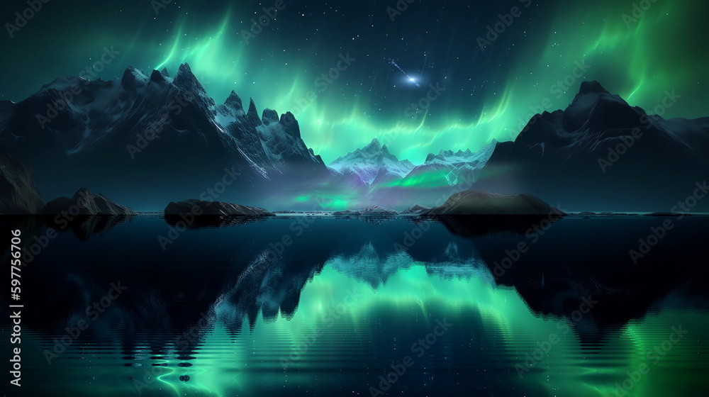 aurora borealis waterfal in lagoone and mountains waterfal and trees  sea water starry sky and moon,generated ai