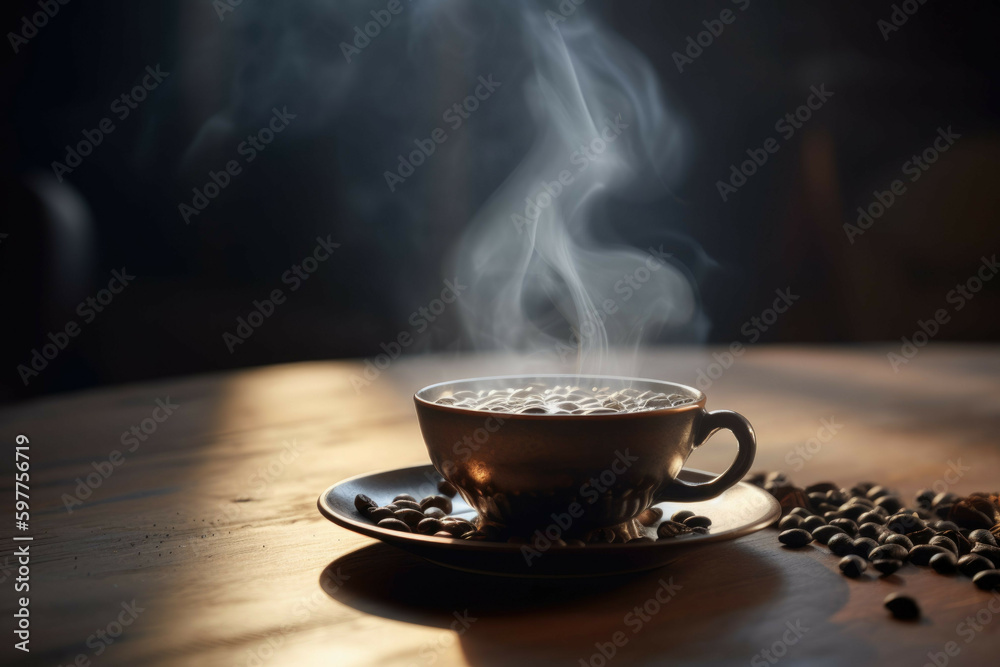 Closeup of Espresso Coffee Cup with Roasted Beans on a Rustic Table - Generative AI Closeup of Espresso Coffee Cup with Roasted Beans on a Rustic Table - Generative AI