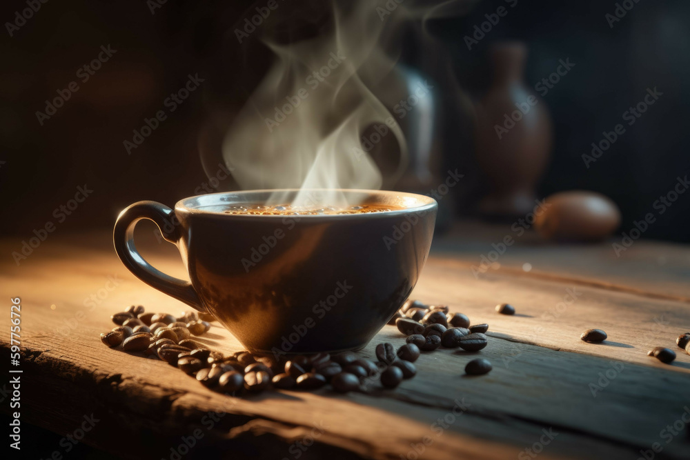 Closeup of Espresso Coffee Cup with Roasted Beans on a Rustic Table - Generative AI Closeup of Espresso Coffee Cup with Roasted Beans on a Rustic Table - Generative AI