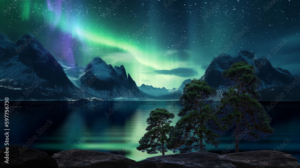 aurora borealis waterfal in lagoone and mountains waterfal and trees  sea water starry sky and moon,generated ai