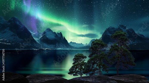 aurora borealis waterfal in lagoone and mountains waterfal and trees sea water starry sky and moon,generated ai