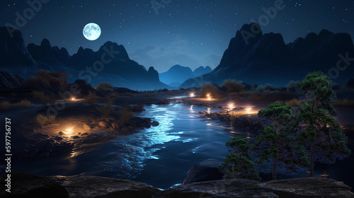 night llandscape, waterfal in lagoone and mountains waterfal and trees sea water starry sky and moon,generated ai