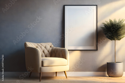 Beige armchair, plant and empty poster in frame for your design. Grey wall in the background. Generative AI