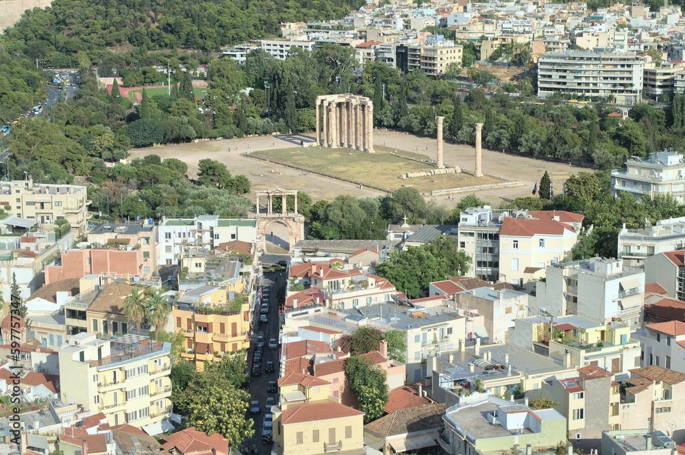 Athens cityscape and Temple of Olympian Zeus.