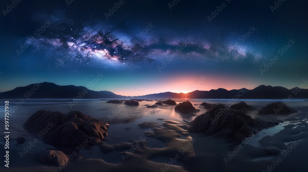 The purity of the sky and the blue color of the Milky Way over the sea, Generative AI